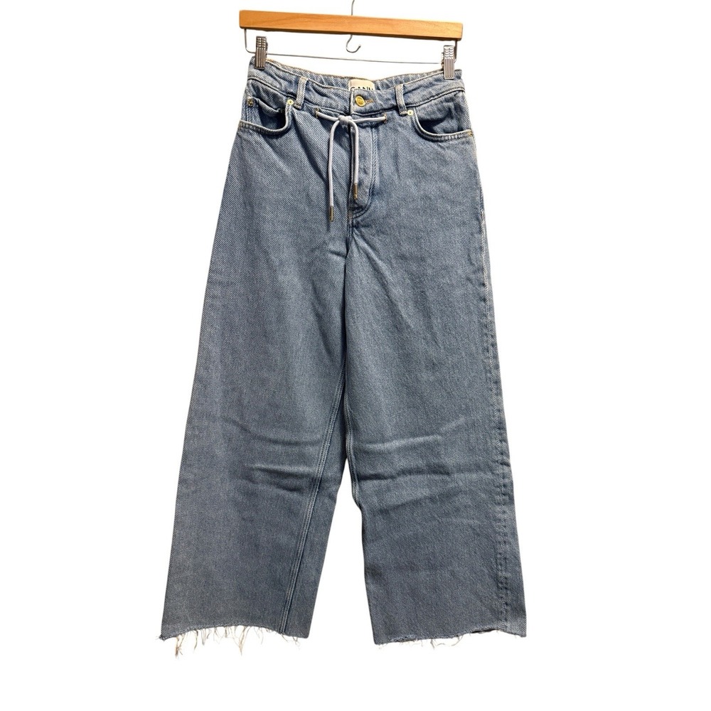 Ganni Women's Wide Leg Blue Heavy Denim Jeans Size 26 Drawstring Button Fly Read